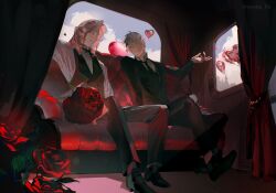  2boys axis_powers_hetalia balloon blonde_hair blue_eyes bouquet bow bowtie clouds commentary english_commentary facial_hair france_(hetalia) full_body goatee_stubble green_eyes hair_ornament heart_balloon highres indoors male_focus medium_hair multiple_boys necktie open_mouth pants shirt shoes short_hair sitting sky smile stubble suit thick_eyebrows united_kingdom_(hetalia) vest zayats 