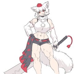  1girl abs animal_ear_fluff animal_ears bare_shoulders belt biceps breasts crop_top detached_sleeves english_commentary exposed_pocket feet_out_of_frame flat_color hand_on_own_hip hat holding holding_sword holding_weapon inubashiri_momiji kourindou_tengu_costume large_breasts leaf maple_leaf muscular muscular_female navel pom_pom_(clothes) red_eyes red_hat ribbon-trimmed_sleeves ribbon_trim sheepapp short_hair short_shorts shorts sleeveless sleeveless_turtleneck solo standing sword tail thick_thighs thighs tokin_hat touhou turtleneck weapon white_background white_hair wolf_ears wolf_girl wolf_tail 