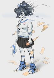  1girl animal artist_request black_hair black_skirt blue_eyes blue_shoes check_artist determined flag flag_ribbon full_body glasses hair_over_one_eye hair_ribbon hamster high_ponytail holding holding_animal holding_flag lera_(sighttobehold) medium_hair miniskirt narrowed_eyes non-web_source original pale_skin pantyhose pin pleated_skirt ponytail ribbon russian_anti-war_flag russo-ukrainian_war shirt shoes sighttobehold skirt smile sneakers socks solo striped_clothes striped_socks white_pantyhose white_socks 