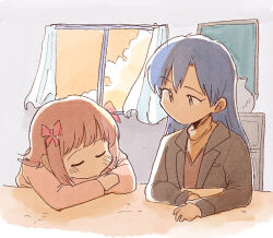  2girls amami_haruka black_jacket blue_hair brown_eyes brown_hair closed_eyes commentary_request day idolmaster idolmaster_(classic) indoors jacket kisaragi_chihaya long_hair long_sleeves looking_at_another multiple_girls no_mouth pink_jacket short_hair sitting sleeping tsubobot window 