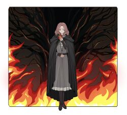  1girl 88rfnzknbhuc5sy absurdres cape closed_eyes commentary elden_ring erdtree_(elden_ring) fire full_body hand_up highres melina_(elden_ring) solo standing tree 