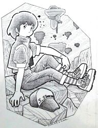  1girl artist_name baseball_cap bracelet commentary_request crosshatching dated earrings floating_island from_side full_body greyscale hat hatching_(texture) jacket jewelry knee_up linear_hatching looking_at_viewer looking_to_the_side medium_hair monochrome open_clothes open_jacket original outdoors pants parted_lips shirt shoes short_sleeves sitting sneakers socks solo striped_clothes striped_socks traditional_media zpihr6jprso2r2l 