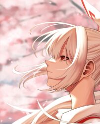  1girl blurry blurry_background bow commentary_request equality_taira fujiwara_no_mokou hair_bow long_hair looking_to_the_side profile red_eyes shirt solo suspenders touhou upper_body white_hair white_shirt wind 