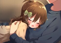  1boy 1girl aged_down black_shirt blush bow brown_hair brown_shirt checkered_clothes checkered_shirt closed_eyes commentary_request green_bow hair_bow highres hoshii_miki idolmaster idolmaster_(classic) long_hair long_sleeves open_mouth out_of_frame print_bow saliva shirt sleeping star_(symbol) star_print suruga_tou 