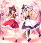  :d apron blonde_hair broom brown_eyes brown_hair cherry_blossoms detached_sleeves grin hakurei_reimu hand_on_hat hat highres japanese_clothes kirisame_marisa long_hair looking_at_viewer midriff miko multiple_girls navel open_mouth petals shoes smile socks tateha_(artist) touhou tree white_legwear wide_sleeves witch witch_hat 