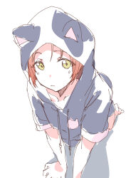  1girl absurdres all_fours animal_ear_hood animal_ears animal_hood black_hoodie cat_ears cat_hood closed_mouth collarbone commentary_request frown green_eyes highres hood hoodie hoshizora_rin inazuma_(elect_line) long_hoodie looking_at_viewer love_live! love_live!_school_idol_project orange_hair short_hair simple_background solo white_background 