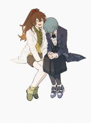  2girls :d aaaduorenzu absurdres angela_(project_moon) ascot bear_hair_ornament black_ascot black_feathers black_pantyhose black_skirt black_vest block_heels blue_coat blue_hair blue_shoes breasts brooch brown_hair buttons carmen_(project_moon) closed_eyes coat collared_shirt covered_face crossed_bangs double-parted_bangs dress_shirt feathers full_body green_shirt green_shoes hair_between_eyes hair_down hair_ornament hair_over_face halftone hands_on_lap hands_on_own_knee head_down high_ponytail highres invisible_chair jewelry lab_coat lapels legs_together library_of_ruina long_hair long_sleeves medium_skirt miniskirt multiple_girls no_socks notched_lapels open_clothes open_coat open_mouth own_hands_clasped own_hands_together pantyhose pencil_skirt ponytail project_moon shirt shoes side-by-side simple_background sitting skirt small_breasts smile vest white_ascot white_background white_coat white_shirt 