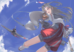  1girl absurdres aircraft airplane bow_(weapon) brown_eyes commentary_request fei_(feikotake) grey_hair hachimaki hakama hakama_shorts headband high_ponytail highres holding holding_bow_(weapon) holding_weapon japanese_clothes kantai_collection long_hair muneate ponytail quiver red_shorts shorts solo striped_headband weapon zuihou_(kancolle) 