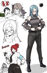  2boys 3girls bed black_hair blue_eyes blue_hair brown_hair cigarette gas_mask girls'_frontline_2:_exilium girls_frontline glasses hair_ribbon hand_on_own_hip highres holding holding_cigarette implied_after_sex j_(girls'_frontline) lentine_(girls'_frontline_2) long_hair mask meme mexico_ufo_alien_bodies_hearing_(meme) military_uniform multiple_boys multiple_girls nele_(girls'_frontline) ponytail red_hair ribbon smoking sp9_(girls'_frontline) user074519 white_background 