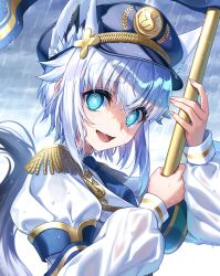  1girl @_@ ahoge alternate_hairstyle animal_ear_fluff animal_ear_piercing animal_ears aqua_eyes banner battle_standard black_hat blush commentary_request dero_(eka56921) embarrassed epaulettes fox_ears fox_girl fox_tail hair_between_eyes hat highres holding holding_banner hololive long_hair looking_at_viewer military_hat open_mouth peaked_cap rain shirakami_fubuki short_hair solo spiral-only_eyes tail virtual_youtuber war_banner wavy_mouth white_hair 