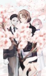  1girl 1other 2boys black_eyes black_hair black_jacket black_necktie black_pants blue_eyes blurry blurry_foreground braid branch brown_hair cherry_blossoms clenched_hand closed_mouth collared_shirt commentary_request dress earrings feet_out_of_frame formal_clothes frown highres holding holding_branch jacket jewelry long_dress looking_at_viewer mege_(megechan) multiple_boys necktie original pants parted_lips pink_hair plaid_clothes plaid_dress pov shirt short_hair suit tearing_up translation_request very_short_hair white_dress white_shirt yellow_eyes 