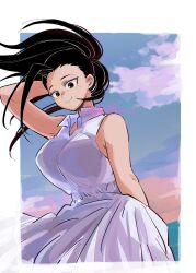  1girl absurdres arm_behind_head artist_name bare_shoulders bibiri_(r42r98r) black_eyes black_hair blue_background boku_no_hero_academia border breasts commentary dress fan_request hair_pulled_back highres huge_breasts looking_at_viewer outside_border ponytail smile solo white_border white_dress yaoyorozu_momo 