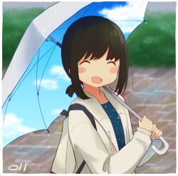  1girl ^_^ a_world_underneath alternate_costume artist_logo backpack bag black_hair blue_dress blue_sky blurry blush_stickers brick_road closed_eyes commentary_request depth_of_field dress facing_viewer fubuki_(kancolle) fubuki_(spring)_(kancolle) highres holding holding_umbrella hood hoodie kantai_collection logo low_ponytail ma_rukan medium_hair no_nose official_alternate_costume open_clothes open_hoodie open_mouth outdoors polka_dot polka_dot_dress ponytail rain short_ponytail sidelocks sky smile solo umbrella upper_body white_hoodie 