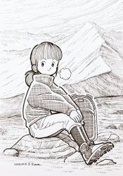  1girl artist_name backpack bag blunt_bangs closed_mouth commentary crosshatching dated greyscale hands_on_own_knees hatching_(texture) jacket linear_hatching looking_at_viewer looking_to_the_side low_ponytail medium_hair monochrome mountain on_rock original outdoors pants pantyhose ponytail puff_of_air resting rock shoes sitting smile solo traditional_media zpihr6jprso2r2l 
