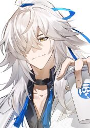  1boy absurdres black_choker black_shirt blue_ribbon choker coat commentary hair_over_one_eye hair_ribbon high_ponytail highres honkai:_star_rail honkai_(series) jacket jacket_on_shoulders jing_yuan jing_yuan_(chapanda) long_hair looking_at_viewer male_focus mole mole_under_eye official_alternate_costume ponytail qing_ning_elsa ribbon shirt solo tassel untranslatable_commentary vest white_hair white_jacket white_vest yellow_eyes 