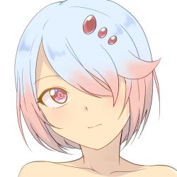  1girl 9rimson bare_shoulders blue_hair closed_mouth commentary_request expressionless hair_ornament hair_over_one_eye long_bangs looking_at_viewer multicolored_hair one_eye_covered original pink_eyes pink_hair portrait short_hair simple_background solo two-tone_hair white_background 
