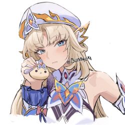  1girl artist_name blonde_hair blue_eyes blush bunnyoki dodoco_(genshin_impact) genshin_impact hand_up hat highres holding long_hair looking_at_viewer nicole_reeyn portrait signature solo white_hat 