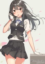  1girl black_hair black_skirt black_vest breasts brown_eyes collared_shirt commentary_request dated dress_shirt gloves highres izumi_kuma kantai_collection long_hair medium_breasts one-hour_drawing_challenge oyashio_(kancolle) oyashio_kai_ni_(kancolle) pleated_skirt shirt skirt solo twitter_username vest white_gloves white_shirt 