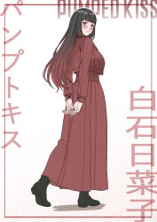  1girl absurdres amoemo arms_behind_back black_hair blush boots breasts brown_hair buttons closed_mouth cropped_jacket dress from_behind from_side full_body gradient_hair hair_behind_ear highres jacket jacket_overhang large_breasts long_dress long_hair long_sleeves looking_at_viewer looking_back mixed-language_text multicolored_hair original pink_lips red_dress red_jacket shadow shiraishi_hinako_(amoemo) standing translation_request 