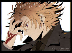  1boy artist_name black_border black_coat black_necktie blonde_hair border brown_shirt chromatic_aberration closed_mouth coat collared_shirt colored_eyelashes command_spell commentary_request daybit_sem_void fate/grand_order fate_(series) frown hand_up long_sleeves looking_down male_focus meiji_ken necktie portrait shirt short_hair simple_background solo twitter_username violet_eyes white_background wing_collar 