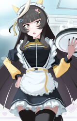  1girl absurdres ahoge animal_ears apron black_hair black_nails black_skirt black_thighhighs blue_jacket blunt_bangs blush breasts calstone_light_o_(umamusume) commentary_request cup ear_covers frilled_apron frills hair_ornament hairclip heart heart_hair_ornament highres hime_cut hitempo holding holding_tray horse_ears horse_girl horse_tail jacket jersey_maid lightning_bolt_hair_ornament lightning_bolt_symbol long_hair long_sleeves looking_at_viewer maid maid_apron maid_headdress multicolored_hair open_mouth pronghorn skirt solo streaked_hair tail thigh-highs track_jacket tray umamusume unconventional_maid water white_apron white_hair yellow_eyes 