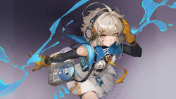  1girl ahoge bag black_sleeves blue_sailor_collar breasts brown_gloves cassette_player closed_mouth cowboy_shot detached_sleeves dress gloves grey_hair hair_ornament hairclip hand_on_headphones hand_up headphones highres iamc95 id_card looking_at_viewer necktie original sailor_collar shirt short_hair shorts shoulder_bag skirt solo white_dress white_skirt yellow_eyes yellow_necktie 