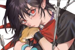  1girl arrow_(symbol) black_hair black_shirt bow bowtie houjuu_nue looking_at_viewer medium_hair red_bow red_bowtie red_eyes shirt solo touhou white_background yamazaki_tsukune 