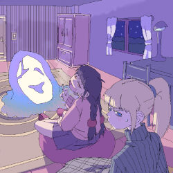  2girls ahoge blonde_hair blunt_bangs blush braid carpet chair cigarette curtains desk_lamp door dress green_sweater hair_tie highres holding holding_cigarette lamp looking_at_viewer madotsuki multiple_girls oekaki open_mouth pantsu-ripper pink_sweater poniko ponytail pout red_slippers sidelocks slippers smoking sweatdrop sweater third-party_source twin_braids uboa window yume_nikki 