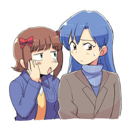 2girls amami_haruka blue_hair blue_jacket bow brown_eyes brown_hair commentary_request cropped_torso green_eyes grey_jacket hair_bow hand_up idolmaster idolmaster_(classic) jacket kisaragi_chihaya long_hair looking_at_another multiple_girls raised_eyebrow red_bow short_hair simple_background sweatdrop tsubobot whispering white_background 