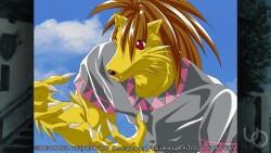  1boy 2000s_(style) animal_ears animal_nose anime_coloring atelier-moo brown_hair closed_mouth fang fingernails furry furry_male game_cg grey_shirt long_hair looking_at_hands muscular muscular_male non-web_source official_art open_hands pete_ross_(wolf_form) red_eyes shirt short_sleeves solo standing t-shirt upper_body variant_set werewolf wolf_boy wolf_ears yuukyuu_gensoukyoku 