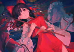  3girls ascot bat_wings blue_hair bow breasts brown_eyes brown_hair commentary_request crystal crystal_wings detached_sleeves embodiment_of_scarlet_devil flandre_scarlet gohei hair_bow hair_tubes hakurei_reimu hat highres holding holding_gohei large_breasts long_hair lying mob_cap multicolored_wings multiple_girls on_back osakana_(0519_sakana) red_ascot red_bow red_skirt red_vest remilia_scarlet ribbon-trimmed_sleeves ribbon_trim shirt siblings sisters skirt skirt_set solo_focus touhou vest watermark white_hat white_shirt wings 