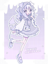  1girl :d absurdres animal_ears bandaged_tail blue_hair blue_shoes blunt_bangs blush_stickers bow bowtie commentary_request dog_ears dog_girl dog_tail dress ears_through_headwear frilled_dress frills full_body grey_dress grey_eyes grey_hat grid_background hand_up happy_halloween hat heterochromia highres long_hair long_sleeves looking_at_viewer niyu_(nennenkorori3) open_mouth original outline patchwork_skin pinafore_dress pink_eyes pink_socks purple_background purple_ribbon ribbon shirt shoes sleeve_ribbon sleeveless sleeveless_dress smile socks solo standing standing_on_one_leg tail white_bow white_bowtie white_outline white_shirt white_socks 