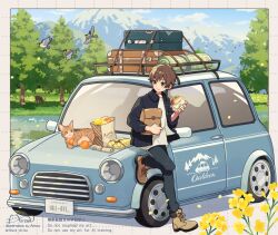  1boy animal arisa_(aren) bag bird black_jacket black_pants blue_eyes boots border box brown_boots brown_border brown_hair buttons car cat closed_mouth clouds commentary_request day deer flower food food_wrapper fruit full_body gift gift_box gift_wrapping hand_up highres holding holding_bag holding_food holding_sandwich jacket knee_up looking_to_the_side male_focus motor_vehicle mountain mountainous_horizon newspaper open_clothes open_jacket orange_(fruit) orange_cat original outdoors pants paper_bag rolled-up_newspaper sandwich shirt shoelaces short_hair smile solo standing standing_on_one_leg stream suitcase tree twitter_username untucked_shirt watermark white_shirt yellow_flower 