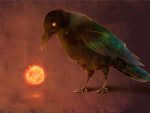  bird glowing glowing_eyes no_humans plus-kitsch raven raven_(animal) red_eyes reiuji_utsuho reiuji_utsuho_(bird) solo sun touhou 