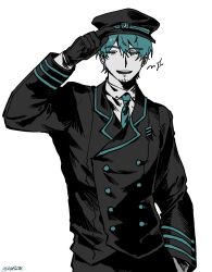  1boy black_gloves black_jacket blue_hair blue_necktie buttons closed_eyes collared_shirt commentary_request double-breasted facial_hair genderswap genderswap_(ftm) gloves goatee_stubble hat hatsune_miku highres jacket kimtooth korean_commentary male_focus mature_male miku-oji necktie open_mouth peaked_cap shirt simple_background smile solo stubble twitter_username upper_body vocaloid white_background white_shirt 