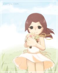  1girl aged_down black_eyes blush bouquet brown_hair child clouds day dress flower grass long_hair looking_at_viewer mii_(nintendo) mii_gunner mii_gunner_(smash_4) nintendo outdoors ribbon sky smile solo sundress white_dress wind wind_lift zorrpu 