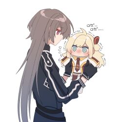  2girls blonde_hair blush character_doll commentary_request doll dress duel_monster emptyayya gloves grey_hair holding holding_doll long_hair long_sleeves multiple_girls necktie red_eyes simple_background sky_striker_ace_-_roze yu-gi-oh! 