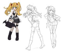  1girl absurdres ass bag blue_eyes blush boots character_request commentary copyright_request cross fishnet_thighhighs fishnets garter_straps highres lace-up_boots long_hair microphone mika_030 multiple_views open_mouth panties simple_background sketch skirt thigh-highs twintails two_side_up underwear white_background 