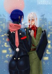  2girls alternate_costume alternate_universe android ariane_yeong artist_name belt blue_eyes blue_hair blush breath briefcase building closed_eyes coat commentary couple cowboy_shot day elster_(signalis) english_commentary eyeshadow green_coat highres holding_hands krasmazoff long_hair makeup mittens multiple_girls outdoors pink_scarf pom_pom_(clothes) red_eyeshadow red_scarf scarf short_hair signalis smile snowing standing white_hair yuri 