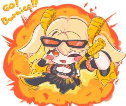  1girl black_jacket black_skirt black_thighhighs blonde_hair blush breasts burnice_white crop_top explosion eyewear_on_head flamethrower gloves holding holding_flamethrower holding_weapon jacket kesh1g0mu looking_at_viewer open_mouth red-tinted_eyewear red_eyes skirt smile solo spiked_belt spiked_jacket sunglasses thigh-highs tinted_eyewear twintails weapon zenless_zone_zero 