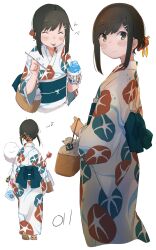  1girl :p absurdres bag black_hair blush candy candy_apple closed_eyes commentary_request cotton_candy eating enemy_lifebuoy_(kancolle) floral_print food fubuki_(kancolle) green_eyes highres holding holding_cotton_candy holding_food japanese_clothes kantai_collection kimono low_ponytail ma_rukan musical_note obi open_mouth ponytail sash shaved_ice short_hair short_ponytail simple_background smile solo tongue tongue_out white_background yukata 