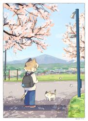 1girl absurdres animal_ears artist_name backpack bag blue_pants border bug butterfly calico_(pattern) calico_cat cat_ears cat_girl cat_tail commentary_request dated day fumiko_(rubra_plumeria) highres long_sleeves looking_at_animal mountainous_horizon original outdoors pants park signature solo standing sweater tail tree white_border white_sweater 
