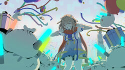  1girl absurdres antlers audience blue_dress blush brown_hair buttons closed_eyes concert_live confetti double_v_sign dress dynamic_angle glowstick hair_ornament highres horns indie_utaite kano_(utaite) puffy_short_sleeves puffy_sleeves red_scarf scarf shirt short_hair short_sleeves simple_background smile solo stage star_(symbol) star_button star_buttons star_hair_ornament streamers v white_shirt 