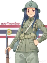  1girl absurdres ammunition_pouch black_hair breast_pocket canteen combat_helmet cowboy_shot english_commentary flag_background green_hat green_jacket green_pants gun hand_on_own_hip hat helmet highres holding holding_gun holding_weapon jacket leochan1202 long_hair long_sleeves looking_at_viewer military_combat_uniform military_rank_insignia military_uniform mixed-language_commentary multilingual_commentary original pants pocket pouch red_eyes royal_thai_army thai_flag thai_text thailand weapon weapon_request world_war_ii 