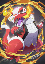  absurdres artist_name black_sclera colored_sclera fire full_body highres no_humans open_mouth pokemon pokemon_(creature) pokemon_focus skeledirge standing tanpakuroom yellow_eyes 