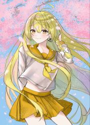  1girl alternate_costume antenna_hair blonde_hair blue_sky blush cherry_blossoms closed_mouth commentary_request contemporary day earrings falling_petals highres jewelry kirisame_marisa long_hair looking_at_viewer missing_headwear neckerchief petals pink_petals ringo33757 sailor_collar school_uniform serafuku shirt skirt sky smile solo touhou very_long_hair white_shirt yellow_eyes yellow_neckerchief yellow_sailor_collar yellow_skirt 