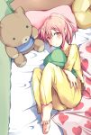  barefoot bed feet fetal_position heart kaname_madoka lying mahou_shoujo_madoka_magica pajamas pillow pillow_hug pink_hair pizanuko ponytail stuffed_animal stuffed_toy tears teddy_bear 
