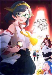  5girls :d absurdres ahoge black_skirt black_thighhighs blue_hair brown_hair collared_shirt colored_inner_hair commentary_request dated detached_sleeves frilled_skirt frills glasses green-framed_eyewear green_skirt grey_eyes grey_hair hair_flaps hair_ornament hairband haruna_(kancolle) haruna_kai_ni_(kancolle) headgear heart heart_ahoge hiei_(kancolle) hiei_kai_ni_(kancolle) highres holding holding_microphone japanese_clothes kantai_collection kimono kirishima_(kancolle) kirishima_kai_ni_(kancolle) kongou_(kancolle) kongou_kai_ni_(kancolle) long_hair ma_rukan medium_hair microphone multicolored_hair multiple_girls nontraditional_miko one_eye_closed open_mouth orange_hair parted_bangs red-framed_eyewear red_hair ribbon-trimmed_sleeves ribbon_trim shirt sidelocks signature skirt sleeveless sleeveless_kimono smile south_dakota_(kancolle) star_(symbol) star_hair_ornament streaked_hair teeth thigh-highs translation_request twitter_username upper_teeth_only very_long_hair violet_eyes white_hair white_kimono wide_sleeves yellow_hairband |_| 