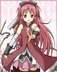  1girl black_legwear dress grin hair_ribbon karamone-ze karamoneeze long_hair magical_girl mahou_shoujo_madoka_magica nunchaku red_dress red_eyes red_hair ribbon sakura_kyouko smile solo thighhighs zettai_ryouiki 