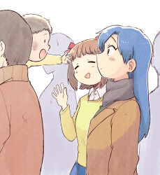  2boys 2girls 2others amami_haruka black_scarf blue_hair brown_coat brown_hair child closed_eyes coat commentary_request from_side hand_up idolmaster idolmaster_(classic) kisaragi_chihaya long_hair looking_at_another multiple_boys multiple_girls multiple_others scarf shirt short_hair tsubobot waving yellow_shirt 